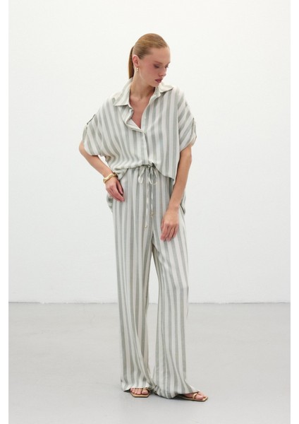 Çizgili Keten Karışımlı Pantolon - Haki fırsatları