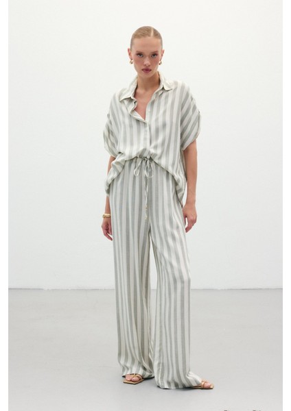 Çizgili Keten Karışımlı Pantolon - Haki indirimleri