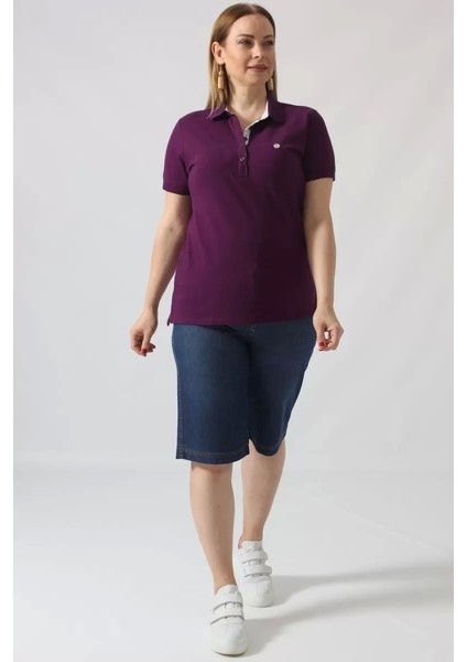 21305 Kısa Kollu Büyük Beden Lacoste Kumas T-Shirt Mor indirimleri