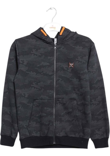 Kamuflaj Desenli Fermuarlı Kapüşonlu Sweatshırt Antrasit