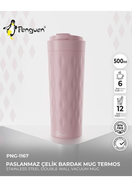 PNG-1167 500ML Flip Kapak Desenli Çelik Mug | 6 Saat Sıcak 12 Saat Soğuk | Sızdırmaz & Bpa Free