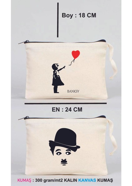 1 Adet Banksy ve 1 Adet Chaplin Baskılı Kanvas Kumaş Clutch Makyaj Çantası