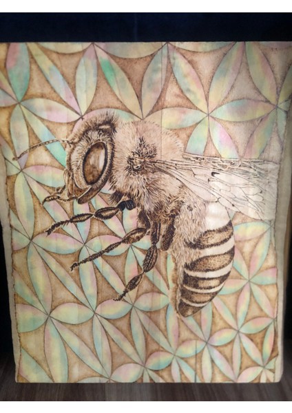 El Yakması Ahşap Tablo (Yaşam Çiçeği ve Arı)