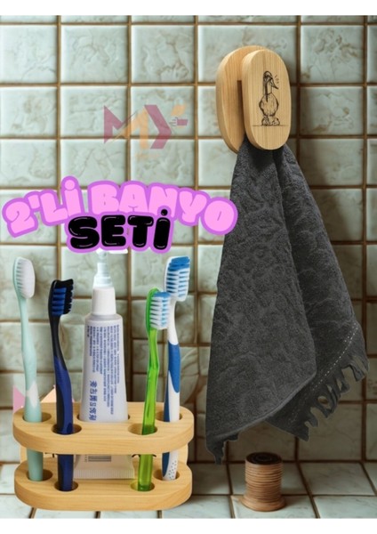 2'li Ahşap Banyo Seti, El Yapımı Diş Fırçalık ve Havlu Askısı Seti