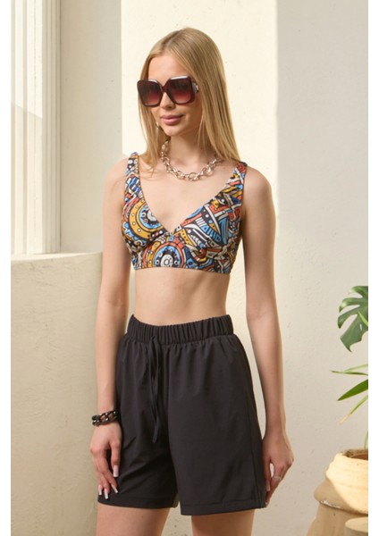 Bikini Takımı Paraşüt Şortlu Etnik Desen Bralet Üst Siyah modelleri
