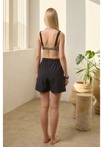 Bikini Takımı Paraşüt Şortlu Etnik Desen Bralet Üst Siyah fırsatları