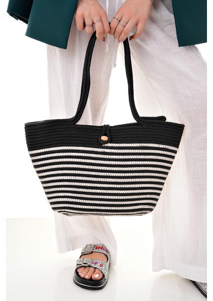 Kadın Hasır Çanta El Örgülü Jüt Hasır Omuz Plaj Çantası