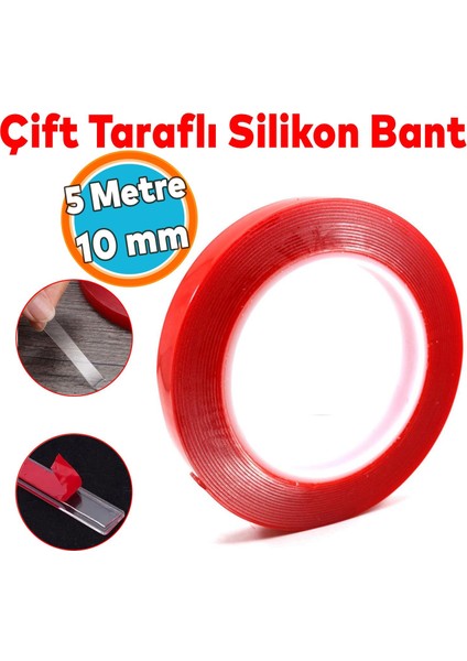 Çift Taraflı Silikon Bant Montaj Bandı Şeffaf 10 mm x 5 Metre Güçlü Çok Amaçlı Yapıştırıcı 1 Adet