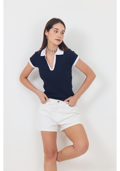 Kadın Polo Yaka Şık Fitilli Kaşkorse Tişört modelleri