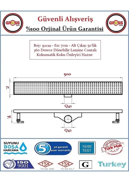Duş Gider Kanalı - Dönerli Alt Hazne - 304 Paslanmaz Izgara - 50CM fiyatları