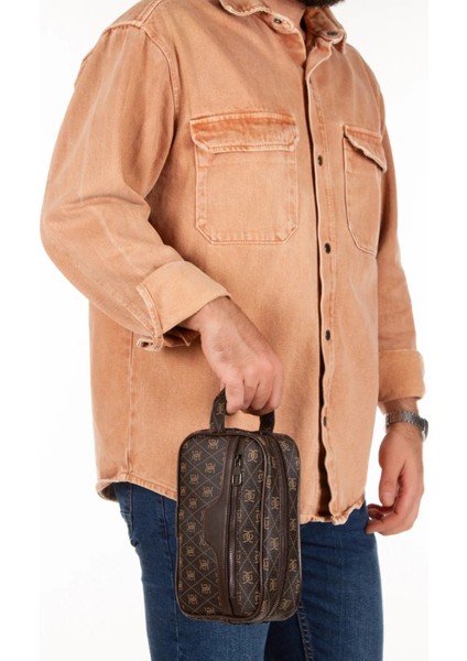Erkek Deri Portföy Clutch Traş Kozmetik Bakım ve Günlük El Çantası (14X24CM) NEWPOLO171 - Kahve - Taba