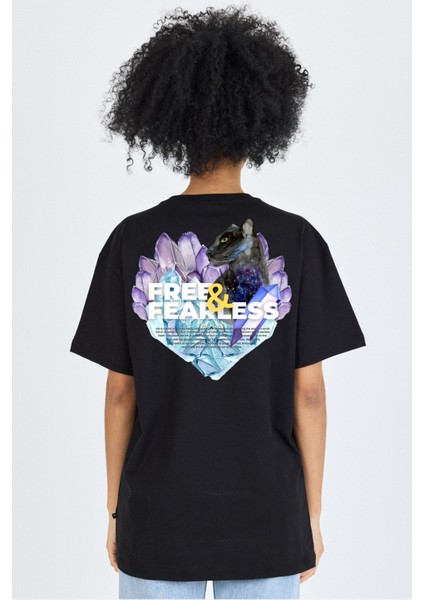 Free & Fearless Temalı Panther ve Kristal Detaylı Kadın Oversize Tişört %100 Pamuk