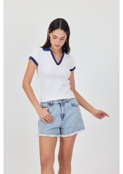 Kadın Polo Yaka Şık Fitilli Kaşkorse Tişört modelleri