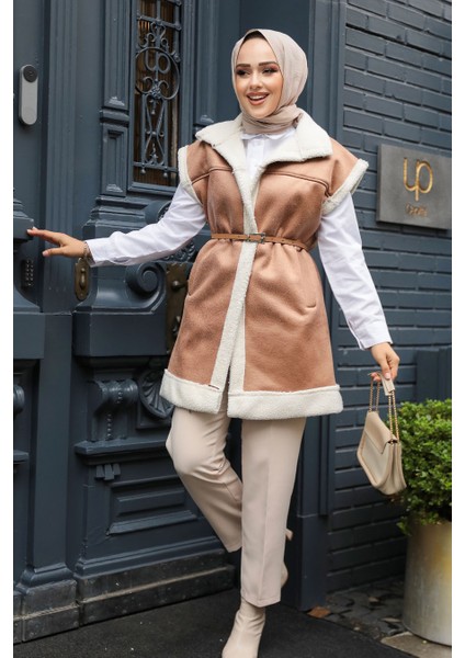 Kürklü Taba Tesettür Yelek 61421TB