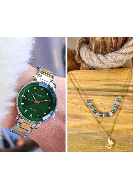 Sade Şık Model Çelik Kadın Kol Saati+Çelik Kolye Hediye Set