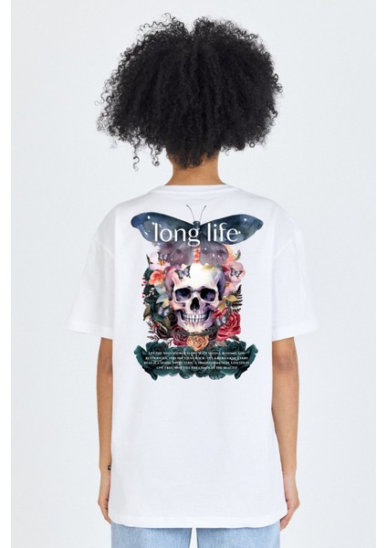 Long Life Kelebek & Kurukafa Temalı Kadın Oversize Tişört %100 Pamuk
