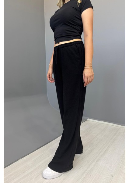 Kadın Jakarlı Salaş Bağcıklı Pantolon - Siyah modelleri