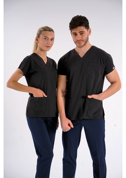 Siyah Dr. Greys Modeli Likralı Hemşire Doktor Forması Scrubs Tek Üst Yarasa Kol