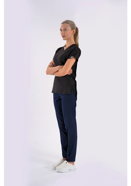 Siyah Dr. Greys Modeli Likralı Hemşire Doktor Forması Scrubs Tek Üst Yarasa Kol modelleri