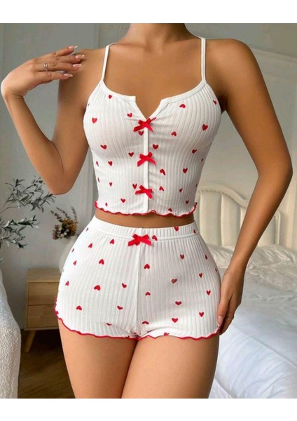 Kadın Beyaz Kalpli Askılı Şortlu Pijama Takım 6655 fırsatları