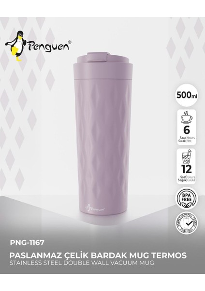 PNG-1167 500ML Flip Kapak Desenli Çelik Mug | 6 Saat Sıcak 12 Saat Soğuk | Sızdırmaz & Bpa Free