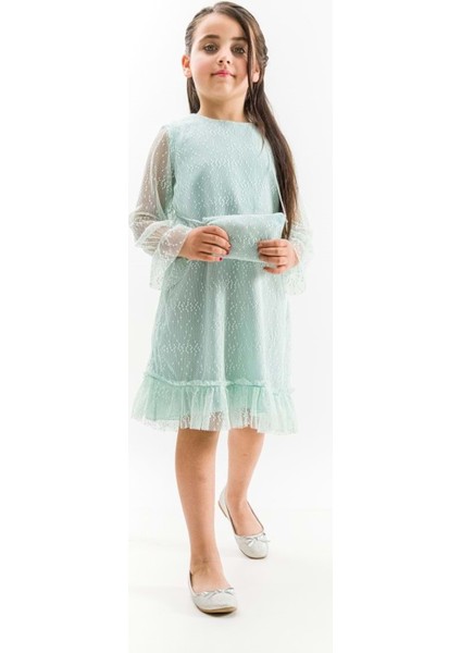 Eteği Fırfırlı Noktalı Tül Elbise Yeşil