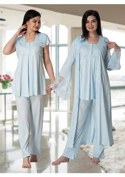 Dvina Effortt Lohusa Dantelli Sabahlıklı Pijama Takımı Mavi - 5011
