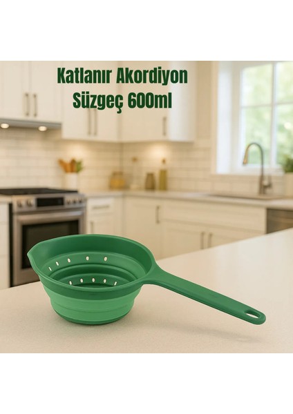 Katlanabilir Süzgeç, Saplı Akordiyon Süzgeç, Yer Kaplamaz Silikon Katlanır Süzgeç 600 ml