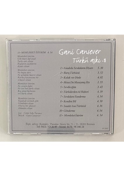 Gani Cansever Türkü Aşkı 1 CD (Orijinal Dönem Baskı Cd) fiyatları