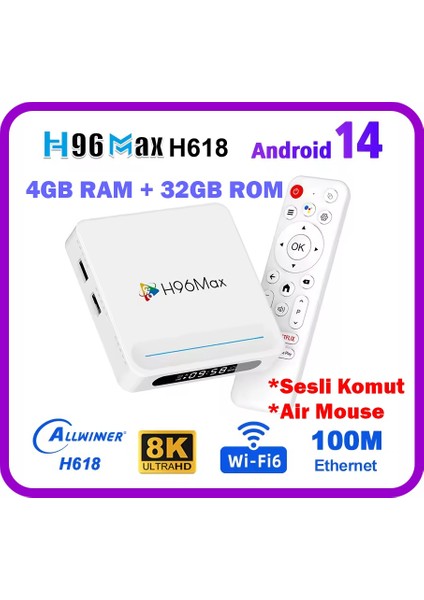 H618 Plus 8k Android 14.0 Tv Box 4GB+32GB Medya Oynatıcı Air Mouse Dual Wifi 6 Bluetooth 5.4 Ethernet Sesli Komut