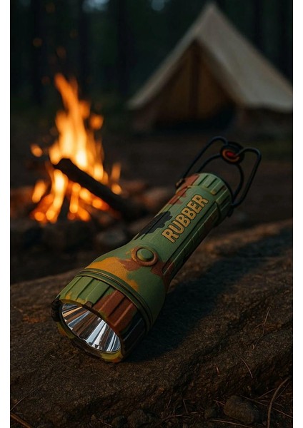 Kamuflaj Desenli Rubber Torch Silikon Kaplamalı Su Geçirmez D Büyük Boyut Pilli Kampçı El Feneri Dağcı Feneri 20 cm