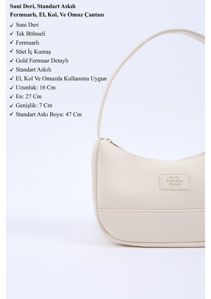 Krem SHK229 Suni Deri , Fermuarlı Tek Bölmeli , Baget Model El, Kol ve Omuz Çantası modelleri
