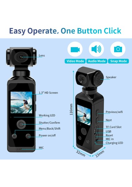K850H 4K Kameralı 3 Eksen Gimbal Sabitleyici Video Kaydedicili 1,3 Inç LCD Ekran, 16MP