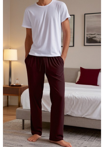%100 Pamuk Süprem Erkek Pijama Altı Bordo Rahat Kalıp Cepli Relax Fit Lastikli Ipli Terletmez Esnek
