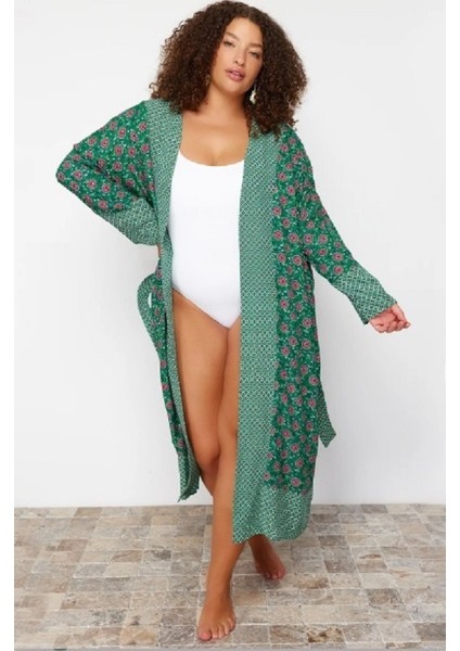 Kadın Çok Renkli Kuşaklı Büyük Beden Kimono&kaftan