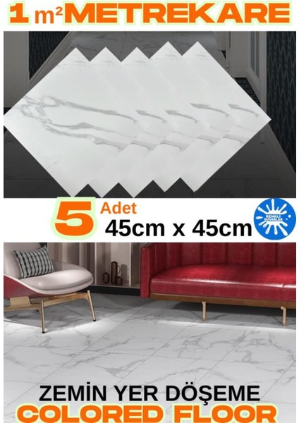 45CM x 45CM, 5'li Yapışkanlı Pvc Parke Paneli, Beyaz Renk, Yer Kaplama Seti