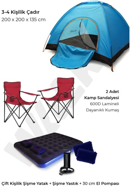 Kırmızı Lüks Kamp Seti 4 Kişilik Çadır+ Çift Kişilik Yatak+ 2 Sandalye + Pompa+ 2 Yastık