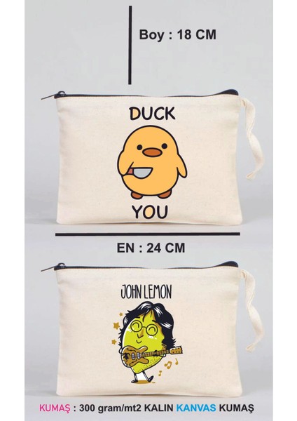 1 Adet Duck You ve 1 Adet John Lemon Baskılı Kanvas Kumaş Clutch Makyaj Çantası