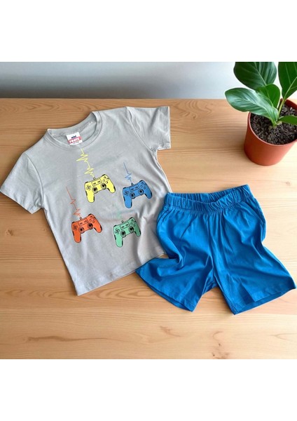 Joystıck Baskılı Şortlu Erkek Takım Gri
