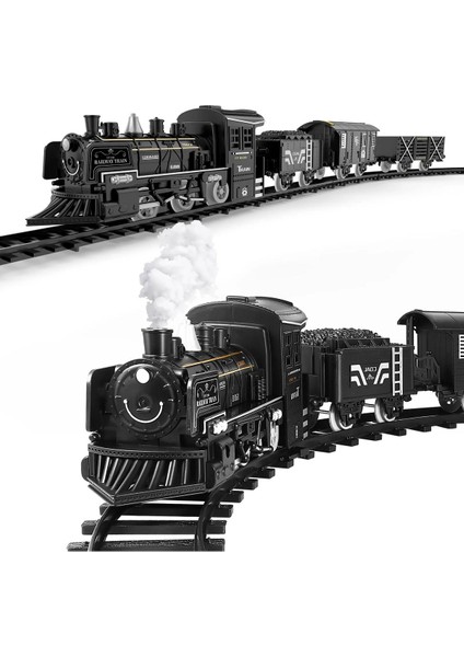 Duman Çıkartan Büyük Boy Pilli Sesli ve Işıklı 15 Parça Klasik Buharlı Tren Oyuncak Lokomotif Seti modelleri