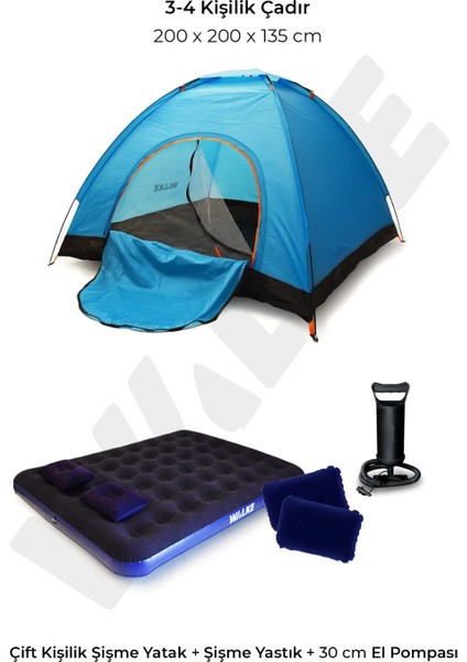 4 Kişilik Kamp Çadırı + Bestway Çift Kişilik Yatak + 2 Yastık + 1 Pompa