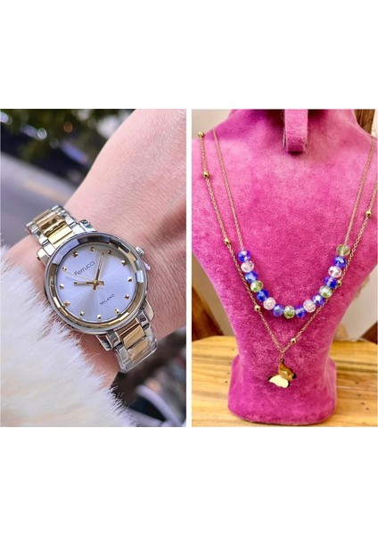 Sade Şık Model Çelik Kadın Kol Saati+Çelik Kolye Hediye Set