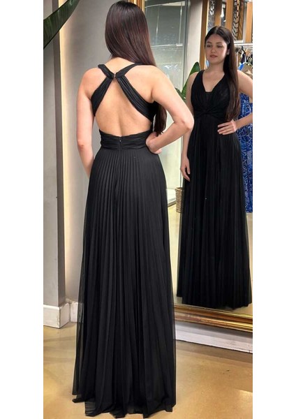 Siyah Kalın Askı Sırt Dekolteli Kloş Etekli Şifon Tül Uzun Abiye Elbise 7645 indirimleri