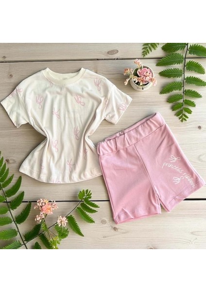 Kurdele Baskılı Şortlu Kız Takım Pembe