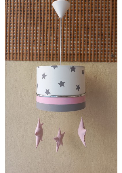 Beyaz Gri Pembe Yıldızlı Sarkıtlı Kumaş Kaplama Çocuk Odası Genç ve Bebek Odası Avize Aydınlatması Sarkıt modelleri