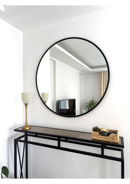Siyah Metal Çerçeveli 90 cm Yuvarlak Ayna, Şık ve Modern Dekoratif Parça