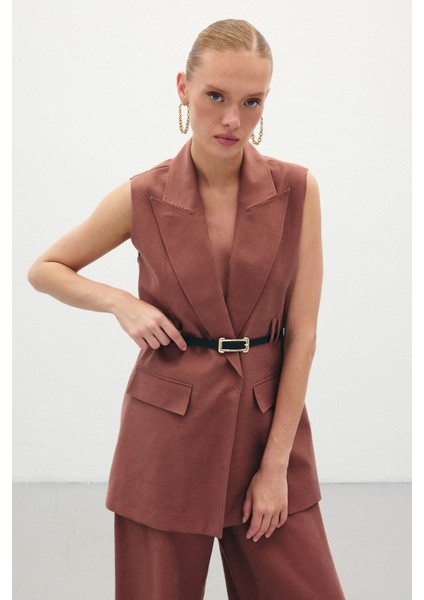 Kemerli Keten Yelek - Kahve