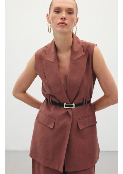 Kemerli Keten Yelek - Kahve modelleri