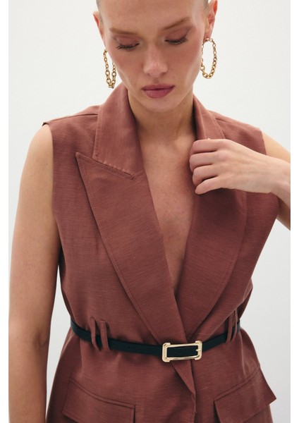 Kemerli Keten Yelek - Kahve indirimleri