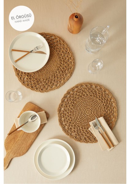 Bej Rafya Motifli Sofra Sunum Tabak Altlığı 36X36, 2'li Paket